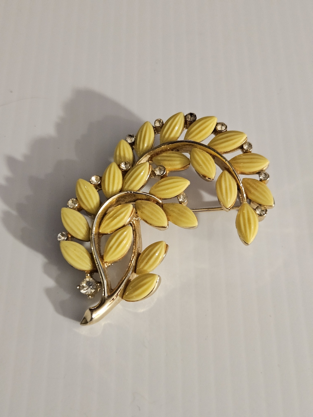 Yellow Leaf Spray Brooch with Rhinestone Accents